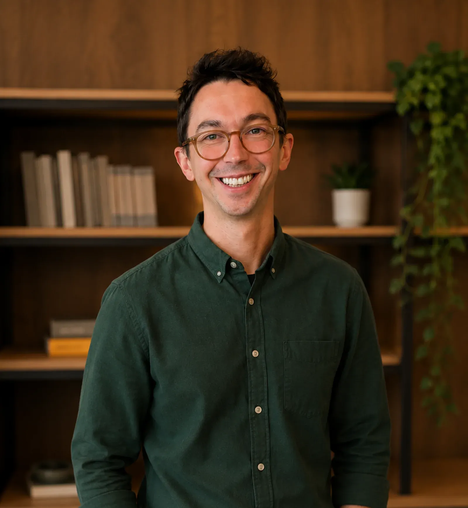 Adam Roberts, smiling, in a dark green shirt in front of a wooden bookshelf