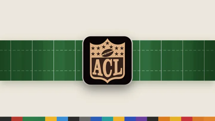 The ACL league shield, gold on black, set on a strip of football field, with a row of team colors along the bottom.