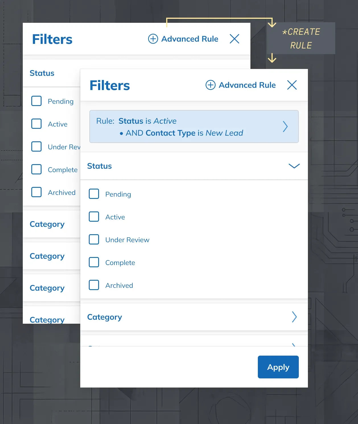 The Integrated approach, with advanced rule building placed inside the basic filter drawer.