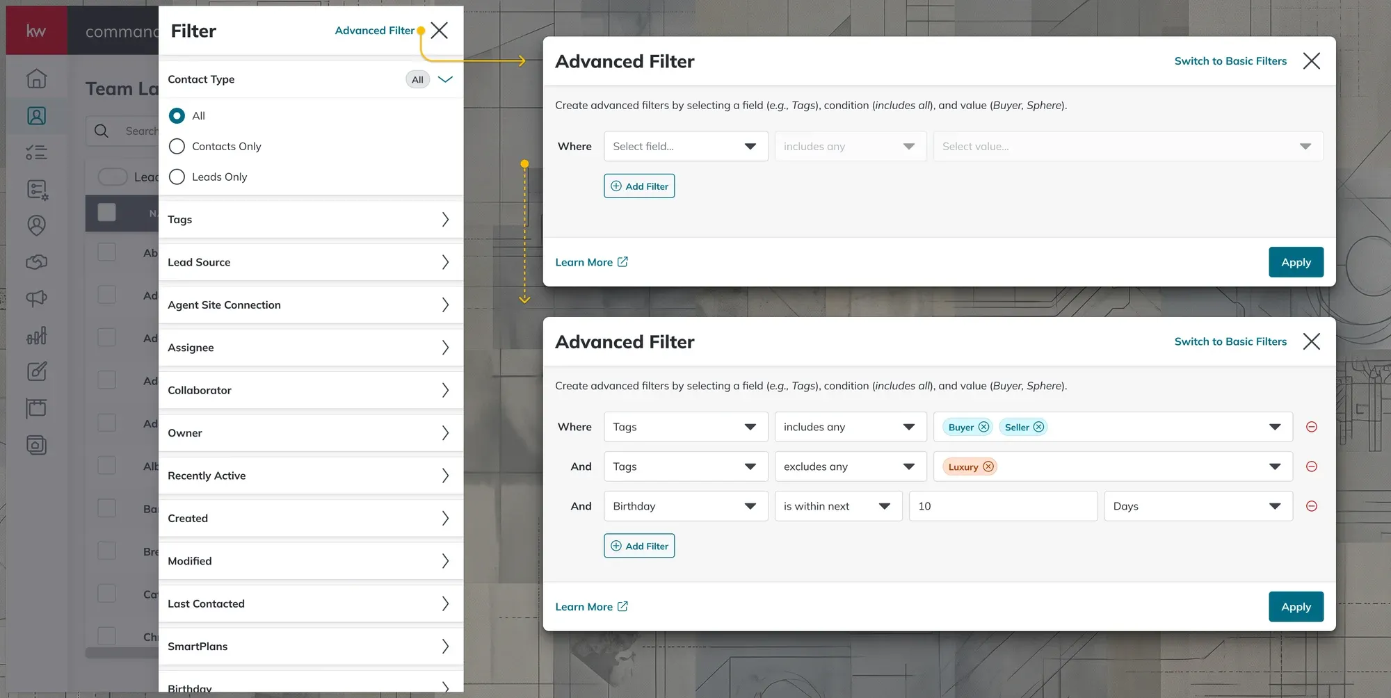 The wide desktop filter layout, with several natural-language rules stacked without scrolling.