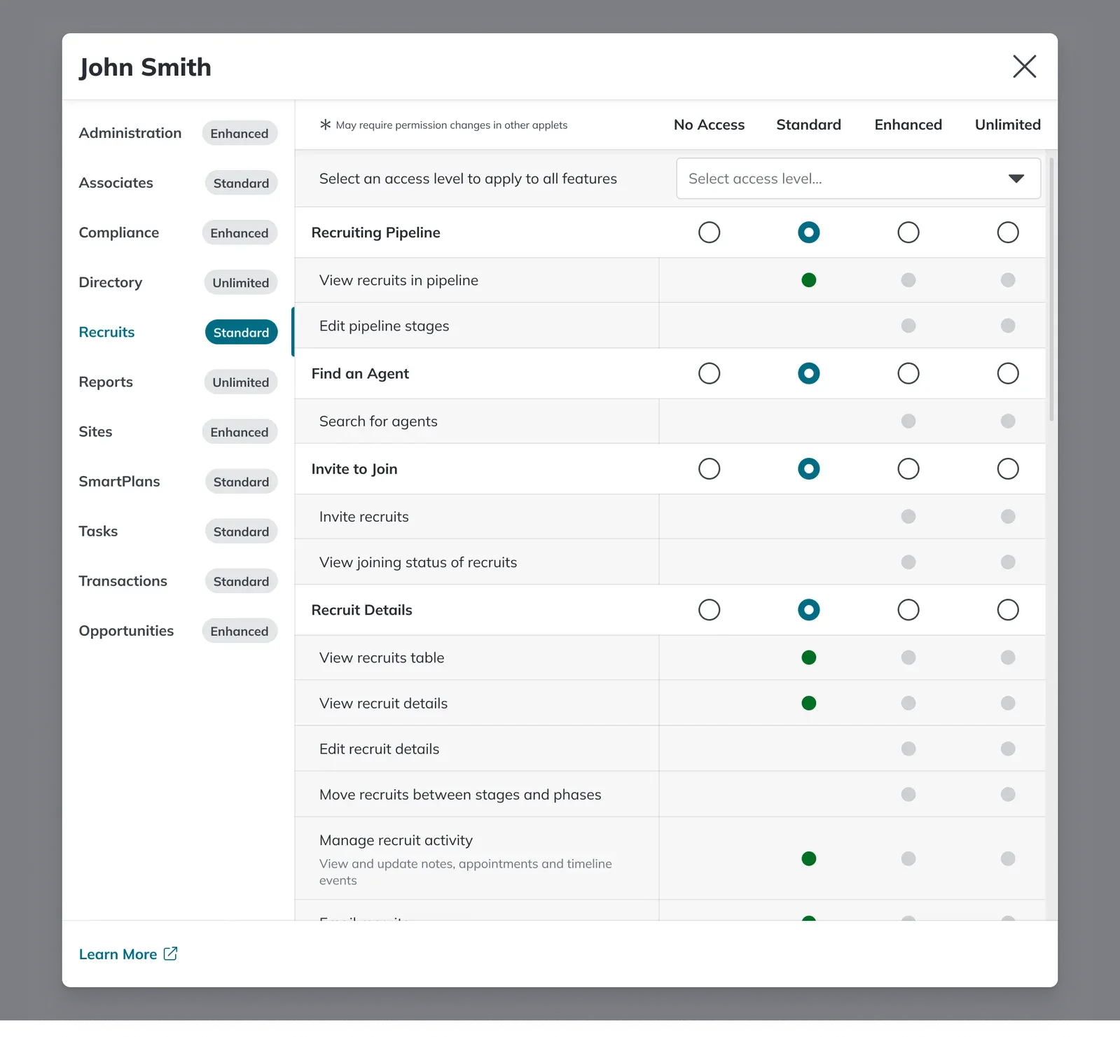 CommandMC's permissions modal. Each applet expands into feature sub-groups such as Recruiting Pipeline and Recruit Details, each carrying its own No Access, Standard, Enhanced and Unlimited setting on top of the individual permissions nested beneath.