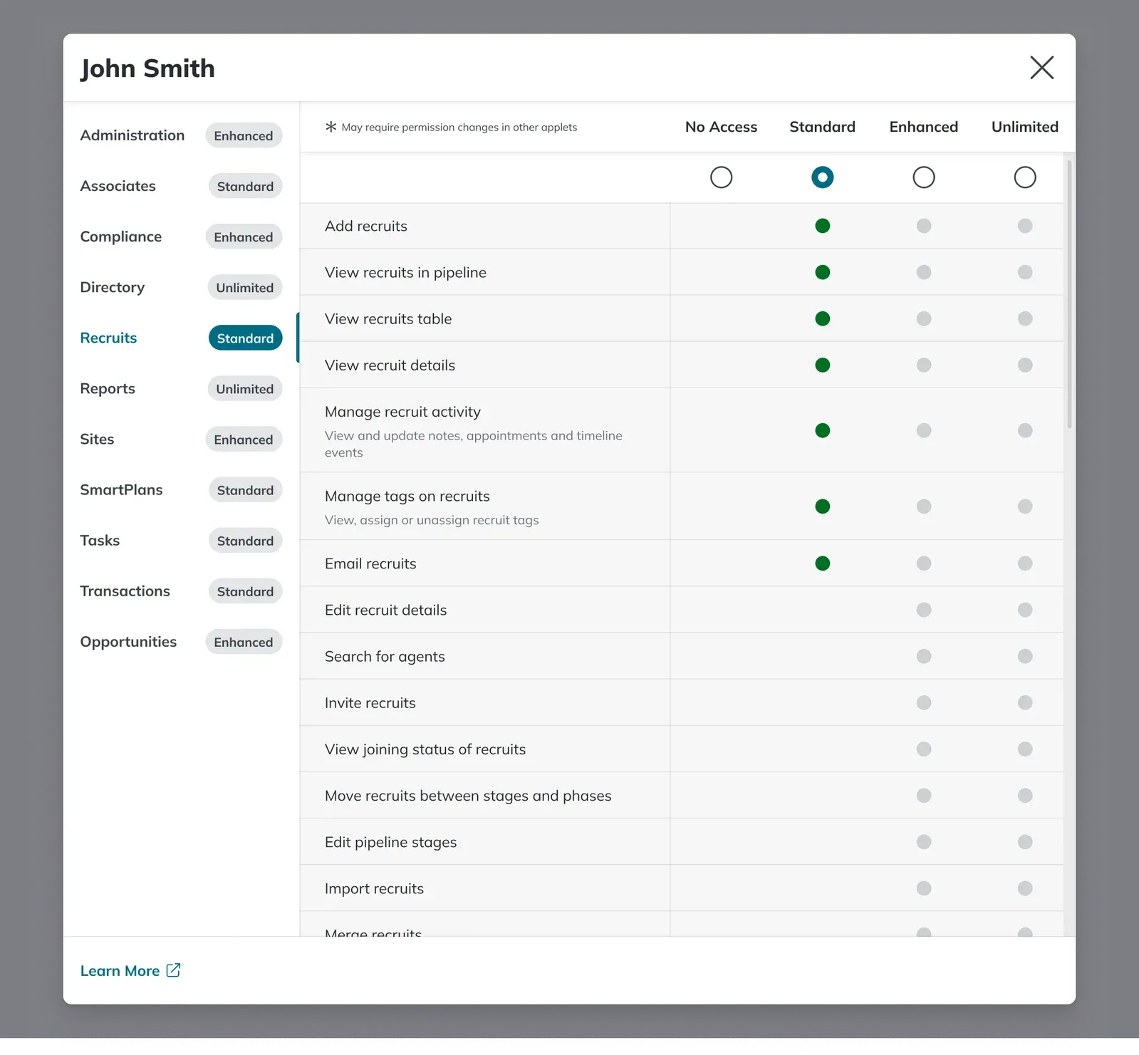 A proposed CommandMC permissions modal that drops the feature sub-groups and matches Command's flatter structure.