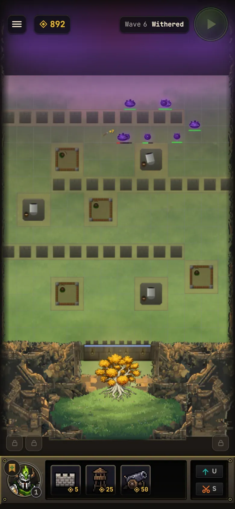Eden on a phone: wave 6 of Endless mode, enemies winding through a maze of towers on a grassy board toward the Edentree.