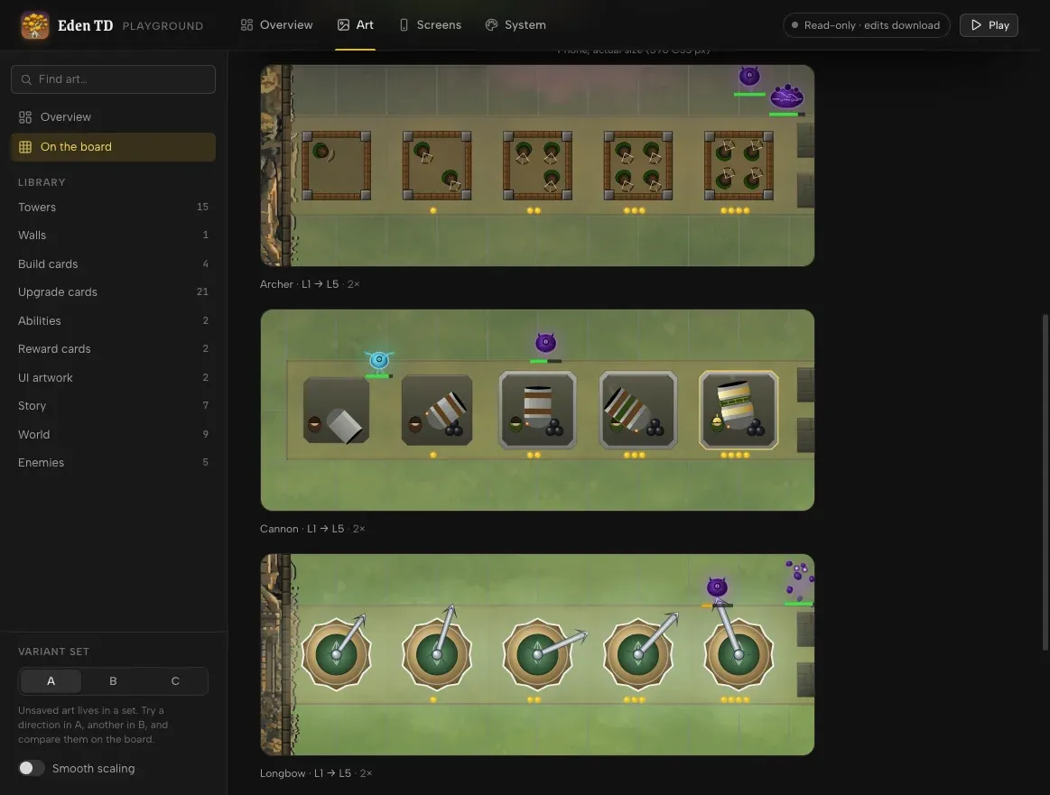 The playground's On the board view: the Archer, Cannon and Longbow towers each shown at levels 1 to 5 in a row on the game board, with enemies walking past.