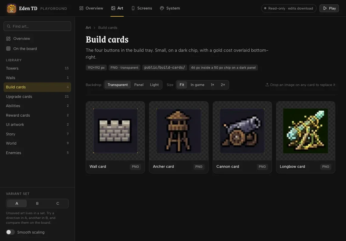 The Eden playground's Art tab on desktop: the Build cards group, with the wall, archer, cannon and longbow cards on a transparent backdrop, a sidebar listing every art group, and controls for backdrop and size.