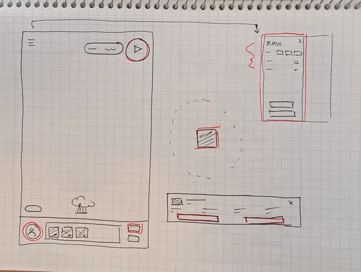 A paper sketch of Eden on a phone: the board filling a tall screen with a tower tray along the bottom, and a menu and dialogs drawn beside it, marked up in red pen.
