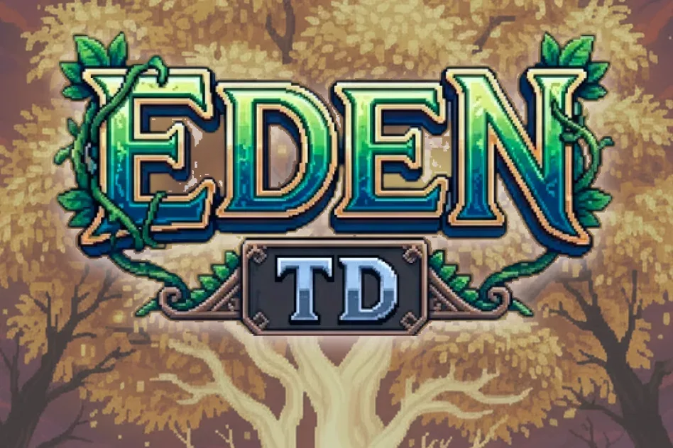 The Eden TD title: pixel-art lettering wrapped in vines, in front of a great golden tree.