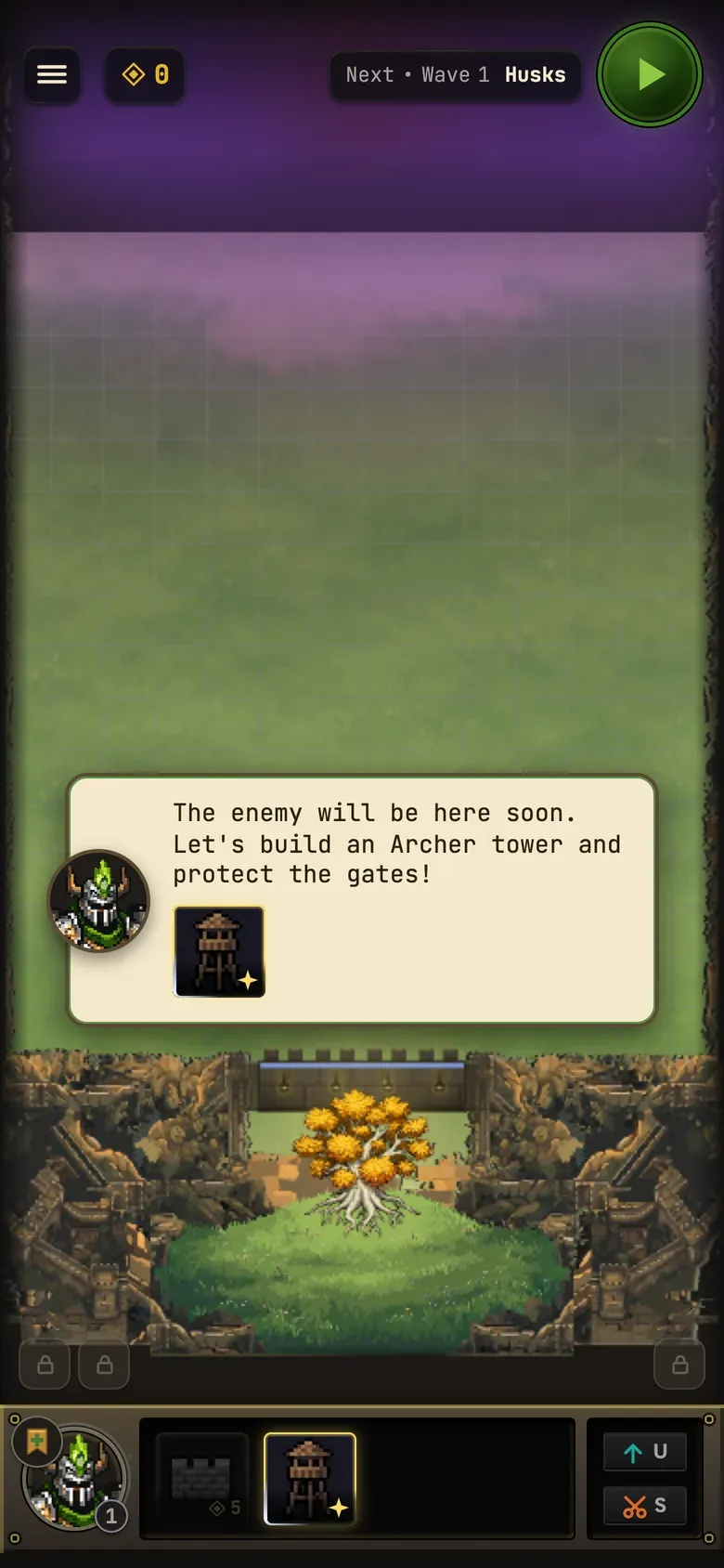 Eden on a phone: the tutorial, where the Warden says the enemy will be here soon and suggests building an Archer tower.