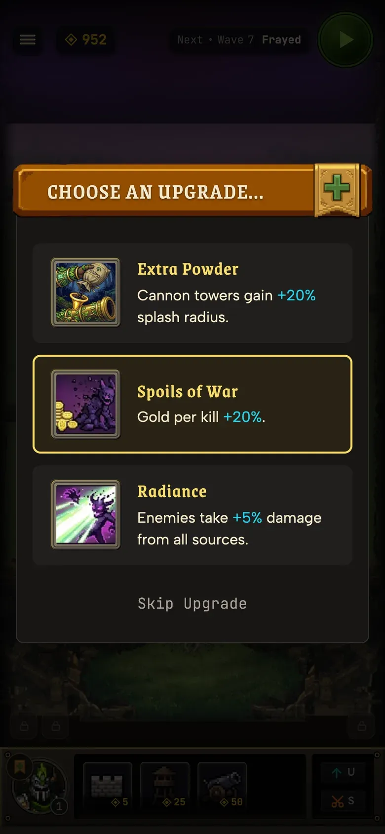 Eden on a phone: the upgrade draft after a wave, a choice of Extra Powder, Spoils of War or Radiance.