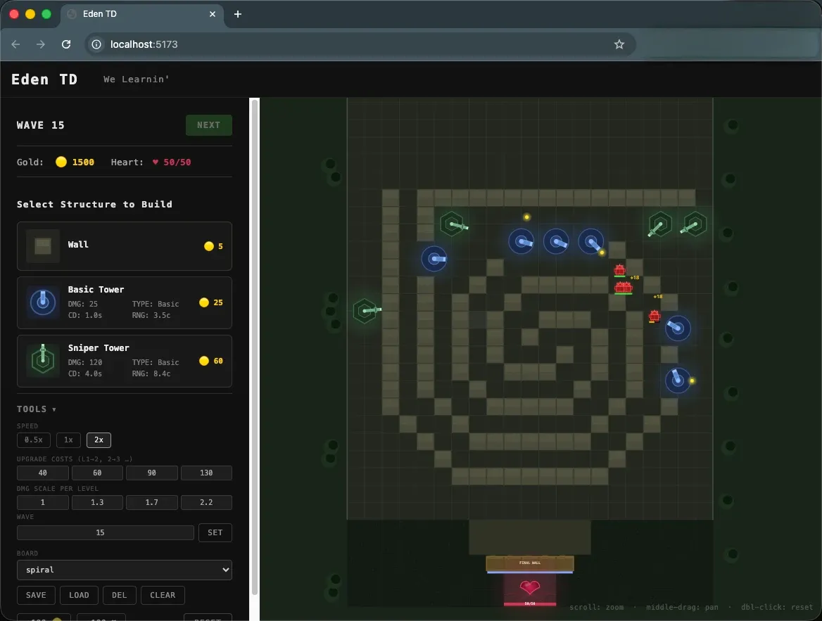 The first web prototype Claude built, running in a browser: a sidebar with the wave, gold, three structures to build (Wall, Basic Tower and Sniper Tower) and developer tools, beside a spiral maze of walls with towers firing at enemies.