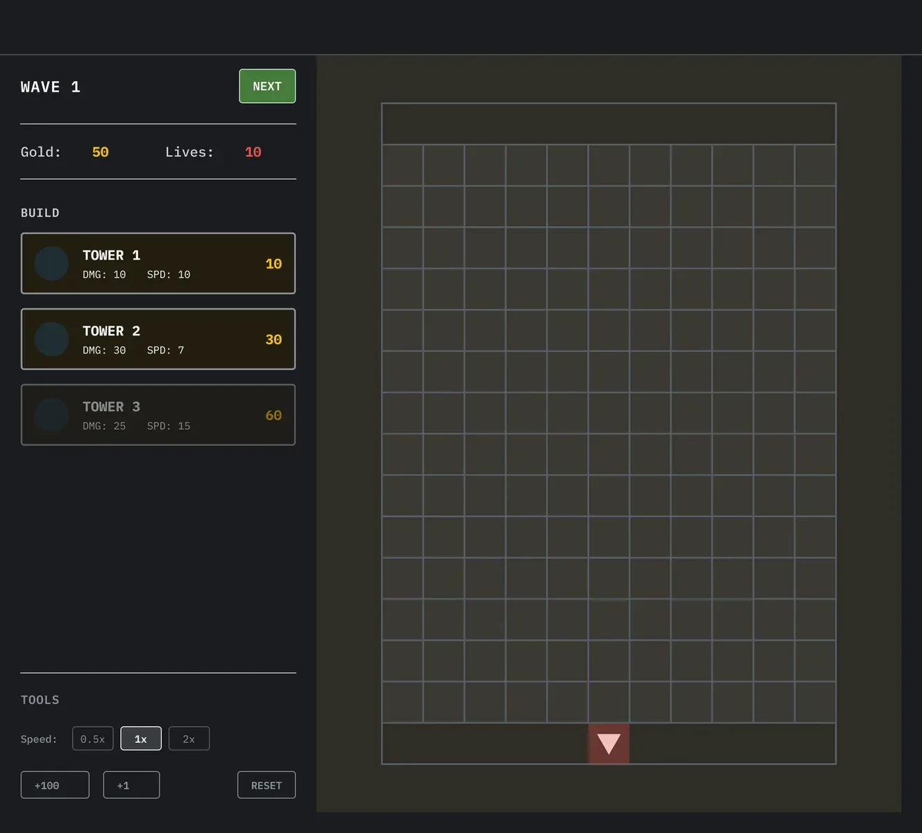 An early lo-fi wireframe of Eden for the web, from Figma: a sidebar with the wave, gold, lives, three towers to build and speed controls, beside an empty grid for the maze.