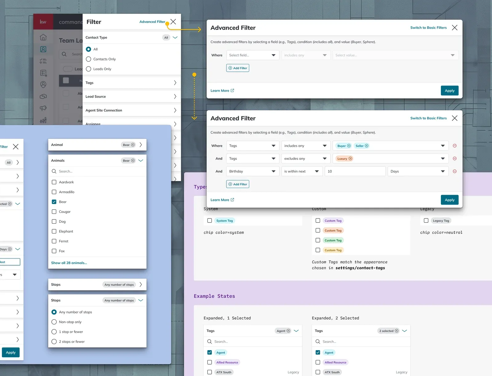 The Command filter work: a basic filter drawer, advanced filter panels building rules such as "Tags includes any Buyer, Seller", and design-system specifications for tag chips and menu states.