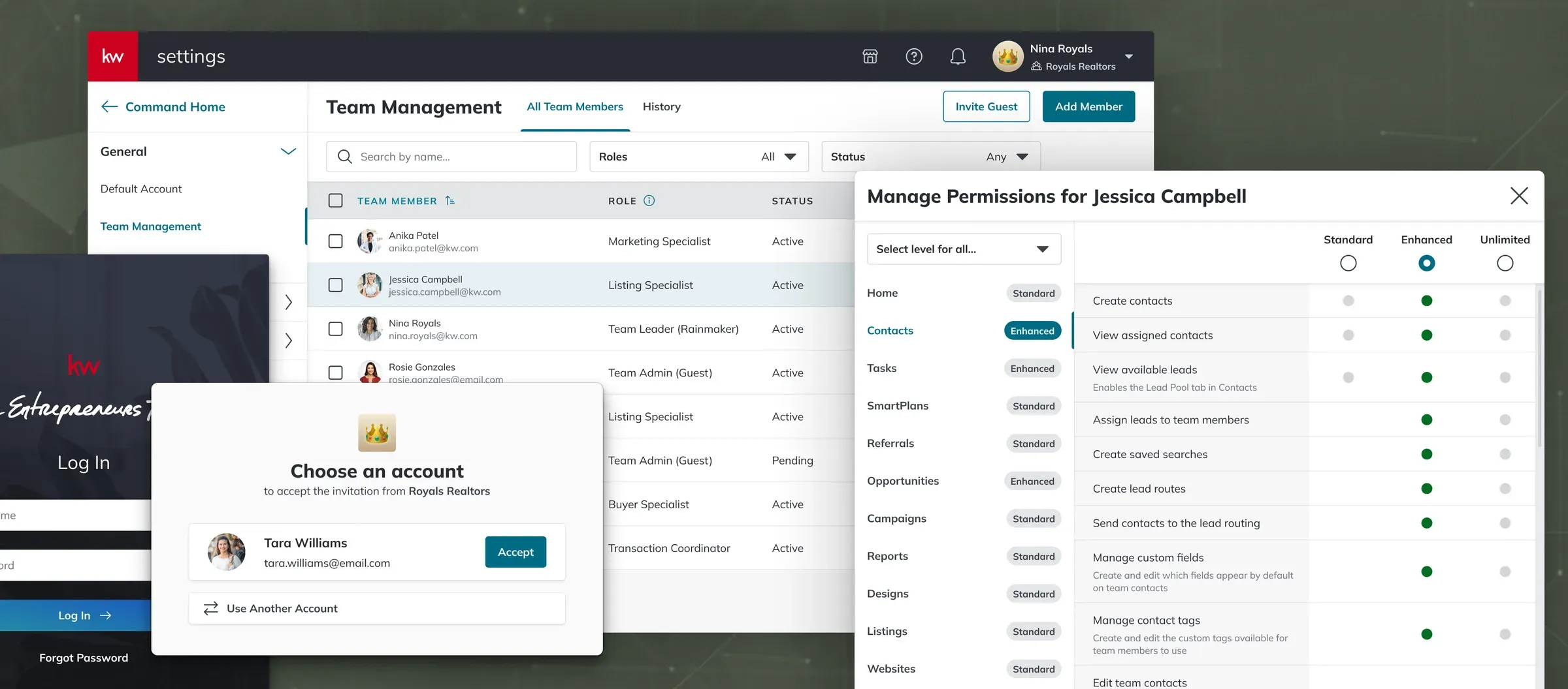 Three Command screens layered together: a login page, a "Choose an account" card accepting a team invitation, and the Team Management roster with a Manage Permissions modal listing each app's permission level against Standard, Enhanced and Unlimited columns.