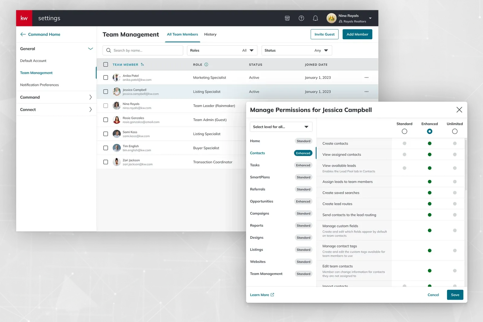 Command settings showing the Team Management roster, with a Manage Permissions modal open over it. Each app is listed down the left with its permission level, against Standard, Enhanced and Unlimited columns.