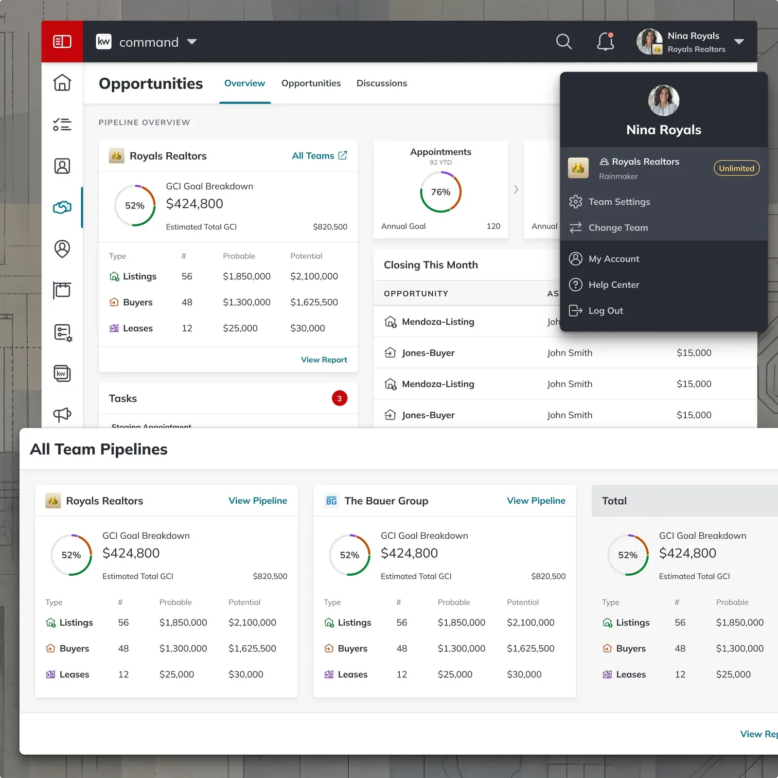 Proof-of-concept designs for a Command that shows a user everything across all of their teams at once.