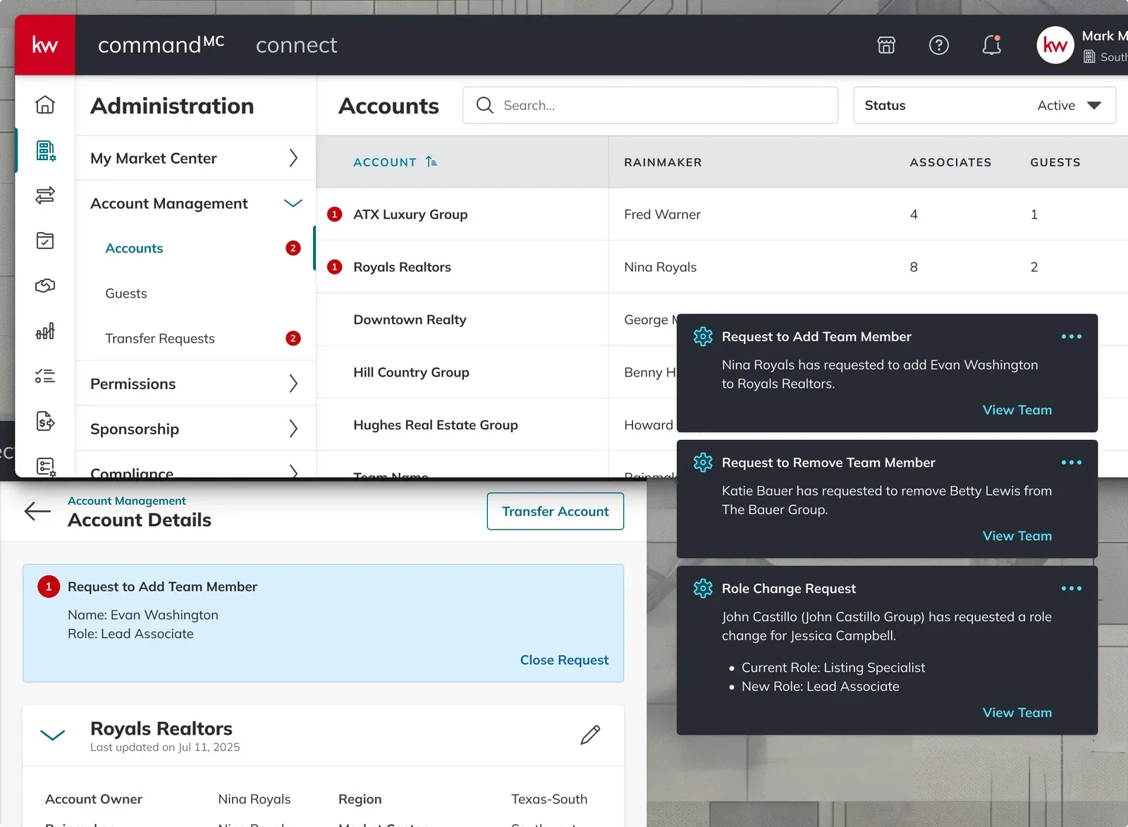 The CommandMC administration screens for Market Center staff: the Accounts list, an Account Details page showing a pending request to add a team member, and three notification toasts for add, remove and role-change requests.