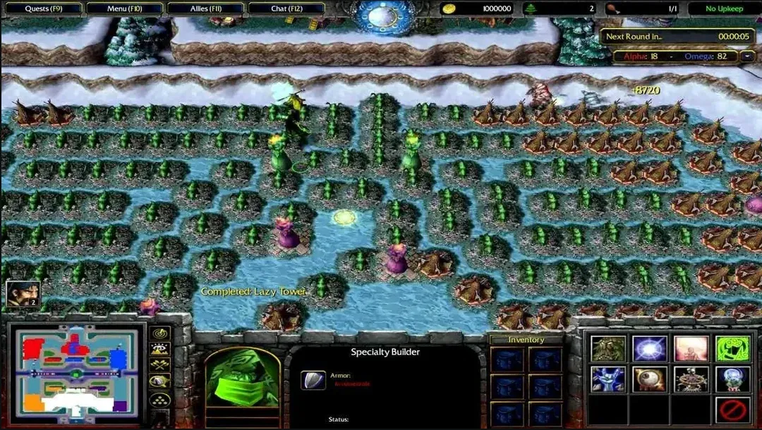 Wintermaul in Warcraft III: a snowy field packed with one player's maze of towers, the creeps' path winding between them, and the game's interface along the bottom.